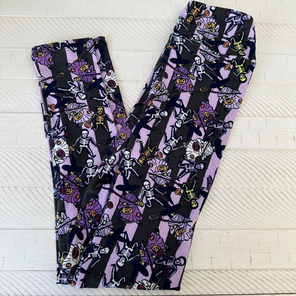 LuLaRoe Leggings Tween Halloween Trick or Treat Skeletons Witches Stripes Purple